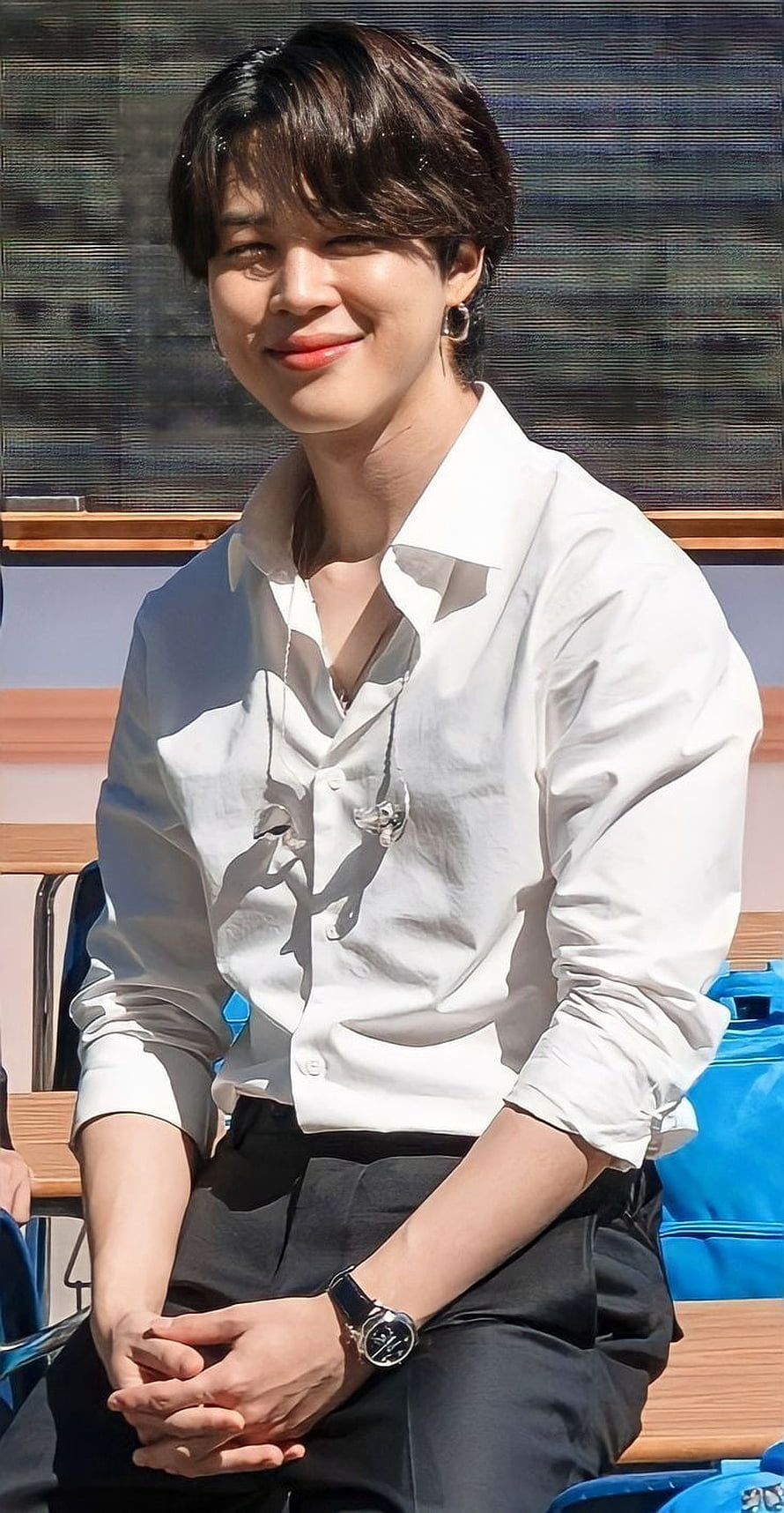 Jimin from BTS in a white button-down shirt and black trousers with a wristwatch HD phone wallpaper