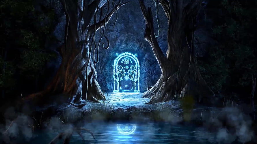 Glowing Portal in Dark Forest with Misty Water and Ancient Trees HD wallpaper