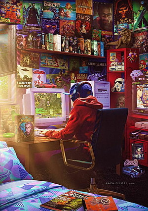 Retro Gamer Bedroom with Vintage PC and Classic Video Game Posters HD phone wallpaper
