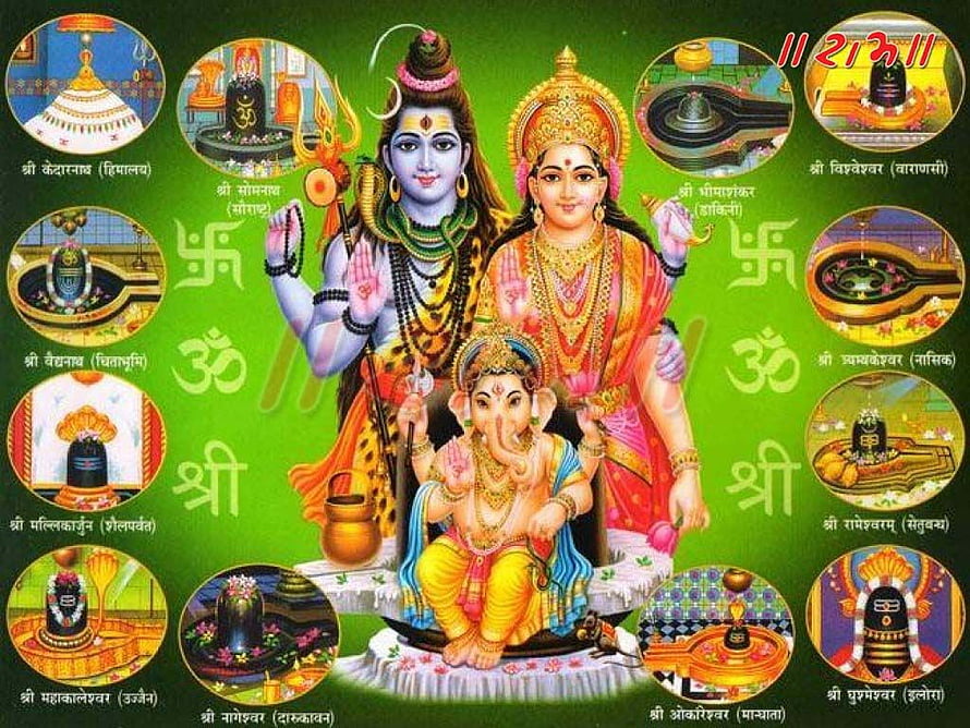 Shiv Parvati Ganesha with Twelve Jyotirlinga Temples and Sanskrit Om Symbols HD wallpaper