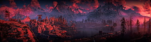 Crimson Sky Over Snow-Capped Mountains and Abandoned Industrial Structures HD wallpaper