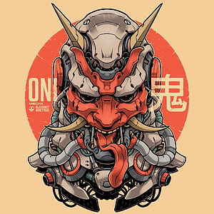 Oni Mecha Samurai Demon Mask with Horns and Tongue in Red and Grey HD phone wallpaper