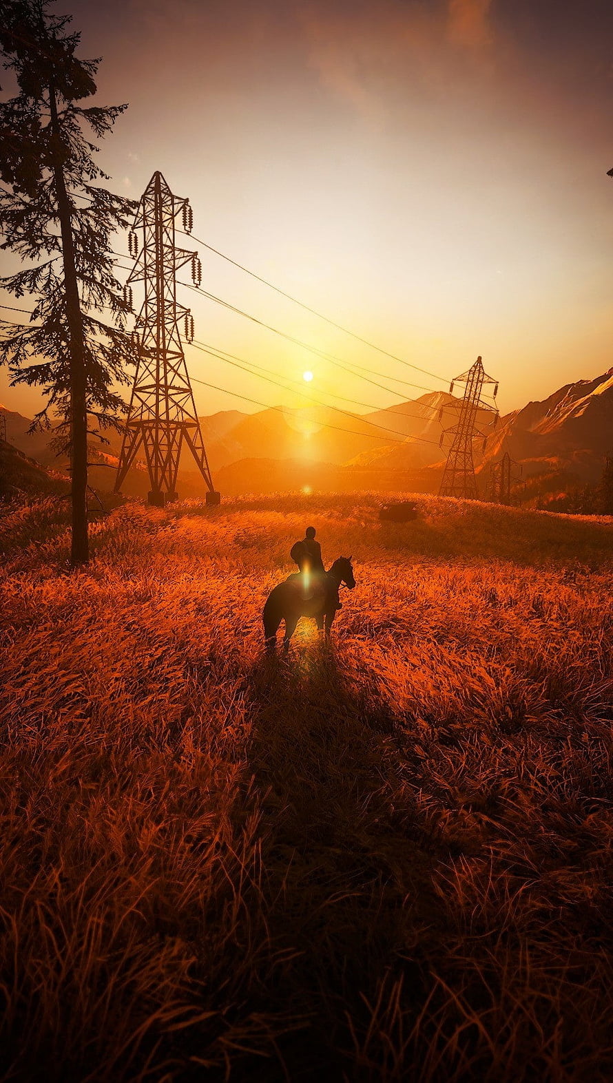 The Last of Us Part II Silhouette Rider at Golden Sunset with Power Lines and Mountains HD phone wallpaper