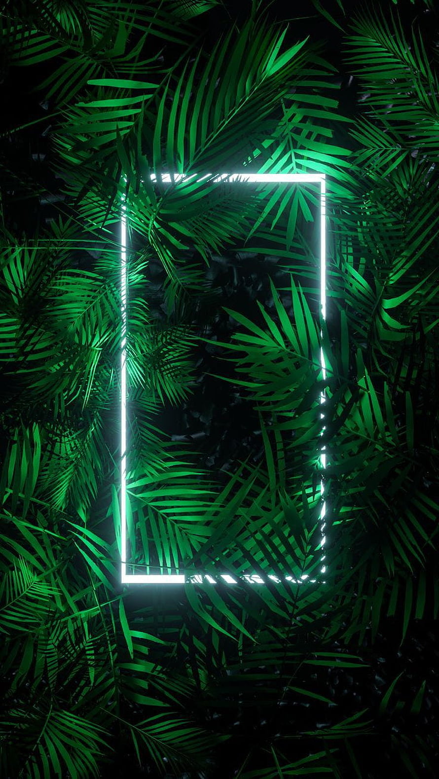 Neon Green Jungle Palm Leaves With Glowing White Rectangle Frame HD phone wallpaper