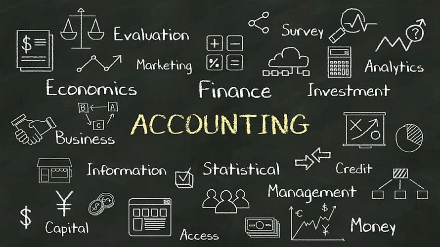 Accounting concept chalkboard with business finance icons and economic terms HD wallpaper