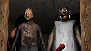 Granny Chapter 2 Horror Game Screenshot Featuring Two Creepy Villains in a Dark Wooden Room HD wallpaper