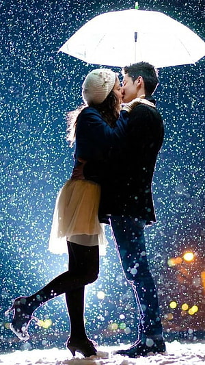Romantic Couple Kissing Under White Umbrella in Falling Snow at Night, Romantic, kissing love romance, kissing love, romance HD phone wallpaper