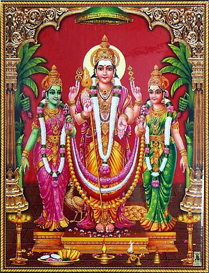 Lord Murugan with Valli and Devayani in Traditional Indian Temple Art HD phone wallpaper