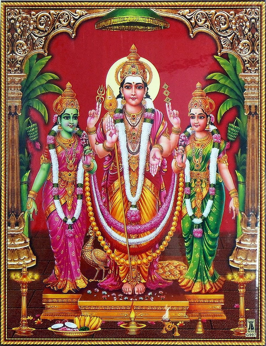 Lord Murugan with Valli and Devayani in Traditional Indian Temple Art HD phone wallpaper