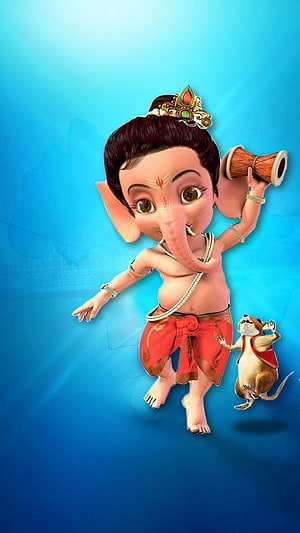 Cute 3D Bal Ganesha Dancing with Mouse and Damaru on Blue Background HD phone wallpaper