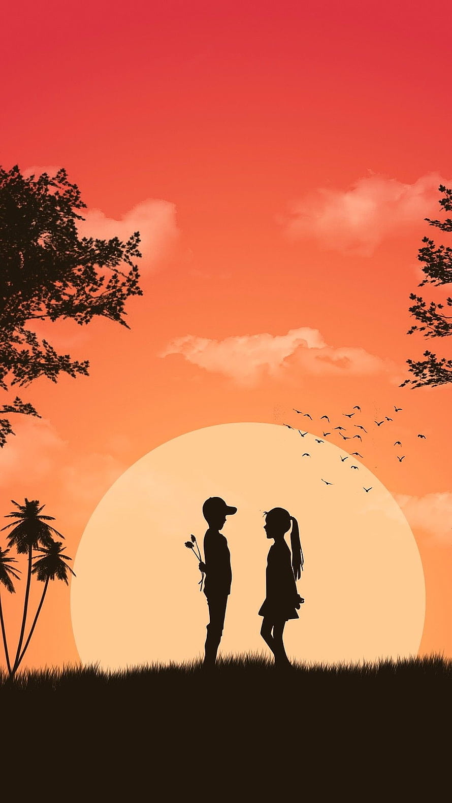 Silhouette of a Boy and Girl Standing Together at Sunset with Birds and Trees HD phone wallpaper