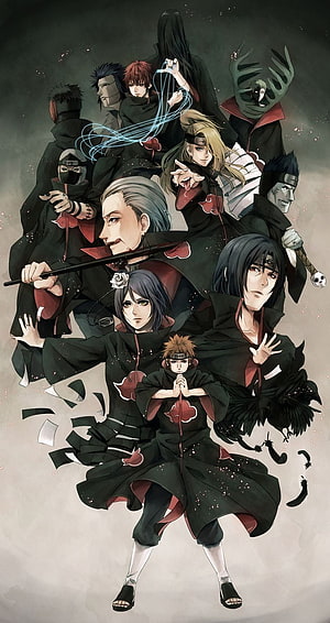 Naruto Akatsuki Members Group Portrait in Black and Red Cloaks HD phone wallpaper