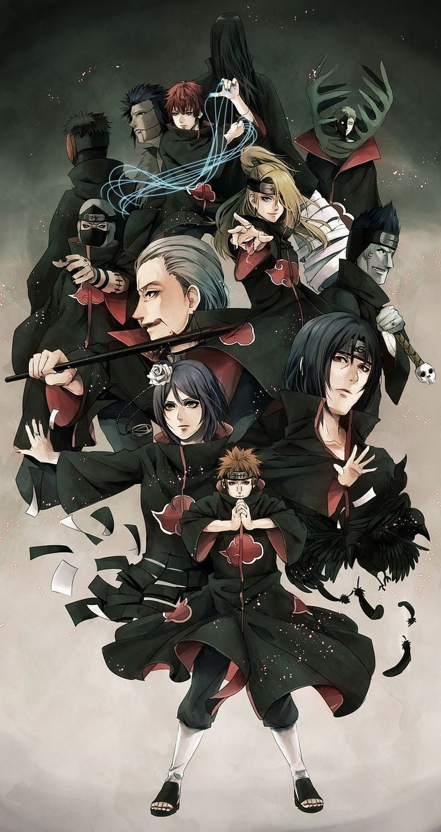Naruto Akatsuki Members Group Portrait in Black and Red Cloaks HD phone wallpaper