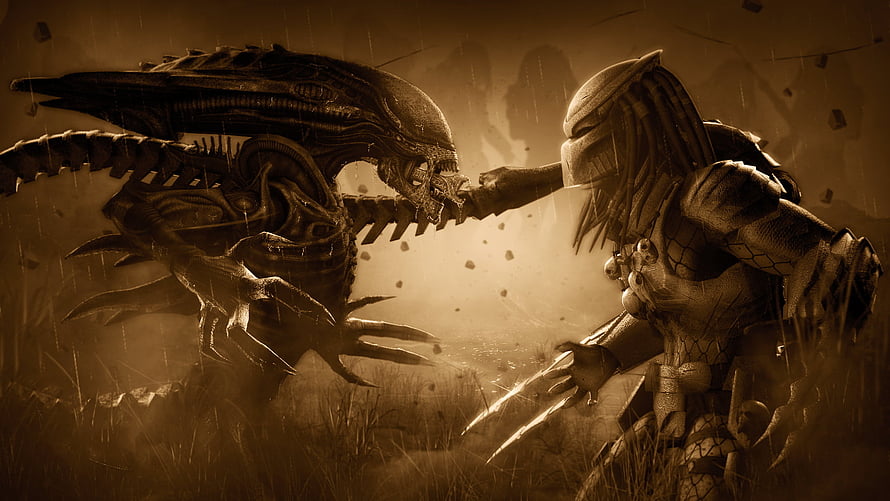 Alien vs Predator Face-Off in Sepia Toned Cinematic Illustration HD wallpaper