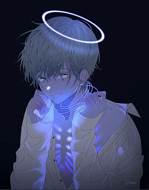 Anime Boy With Glowing Halo And Neon Ribcage In Dark Blue Light HD phone wallpaper