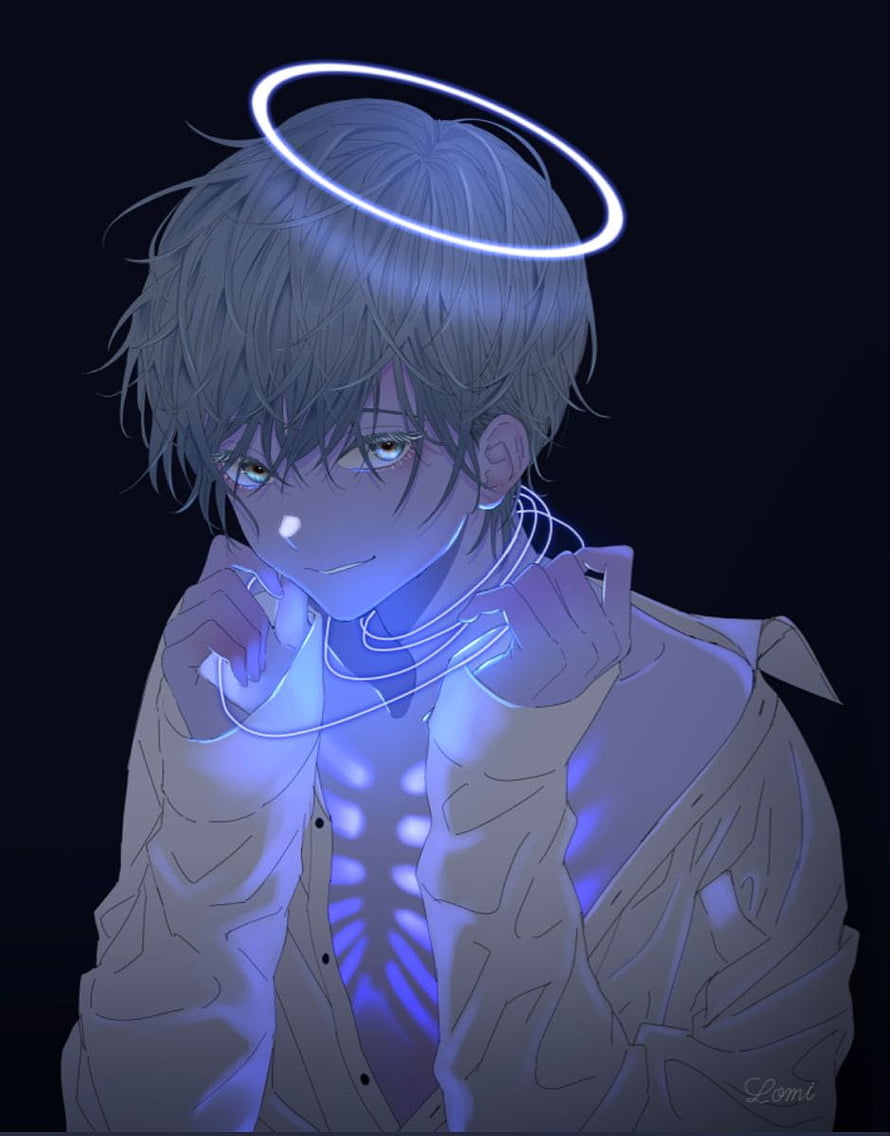 Anime Boy With Glowing Halo And Neon Ribcage In Dark Blue Light HD phone wallpaper