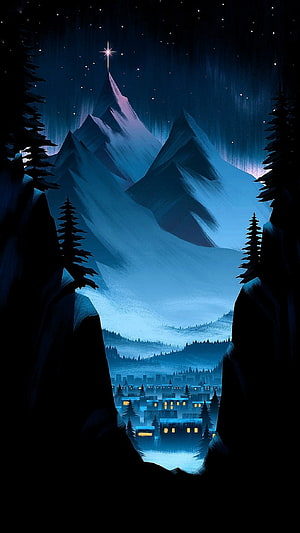 Starry Night Mountain Village Wallpaper HD phone wallpaper