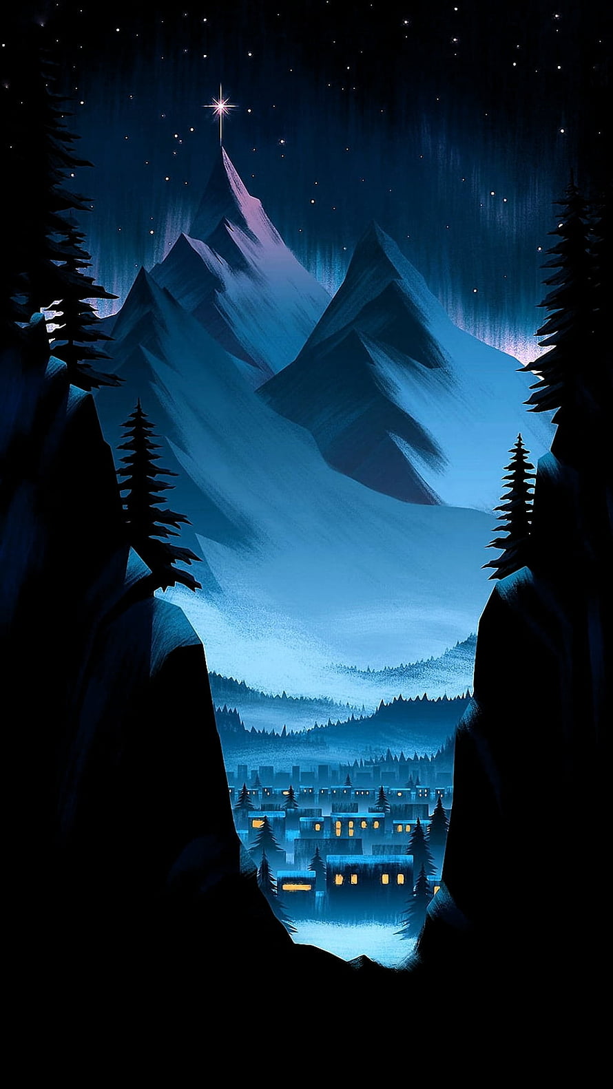 Starry Night Mountain Village Wallpaper HD phone wallpaper