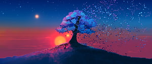 Lone Tree on Hilltop with Scattered Leaves at Vibrant Sunset HD wallpaper