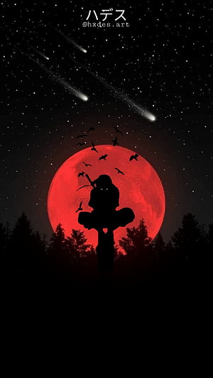 Itachi Uchiha Silhouette Against Red Moon with Bats and Shooting Stars HD phone wallpaper