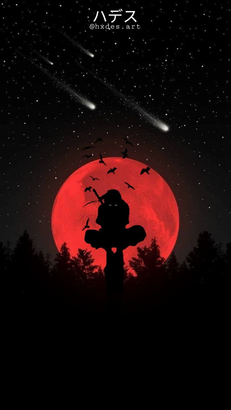 Itachi Uchiha Silhouette Against Red Moon with Bats and Shooting Stars HD phone wallpaper