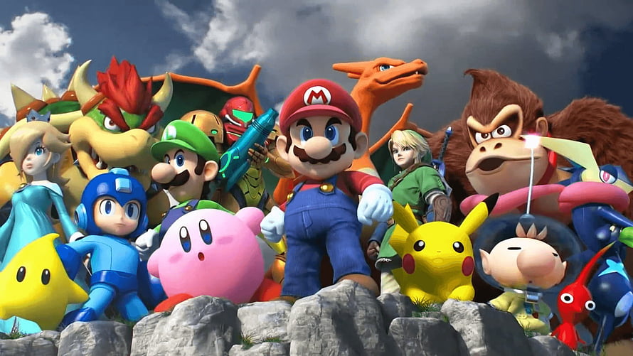 Super Smash Bros Ultimate Roster Group Shot Featuring Mario, Link, Pikachu, Kirby, and Donkey Kong on Rocky Outcrop HD wallpaper