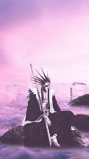 Kenpachi Zaraki Bleach Anime Character Sitting on Rock with Sword Pink Sky HD phone wallpaper