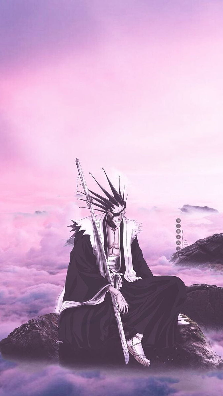 Kenpachi Zaraki Bleach Anime Character Sitting on Rock with Sword Pink Sky HD phone wallpaper