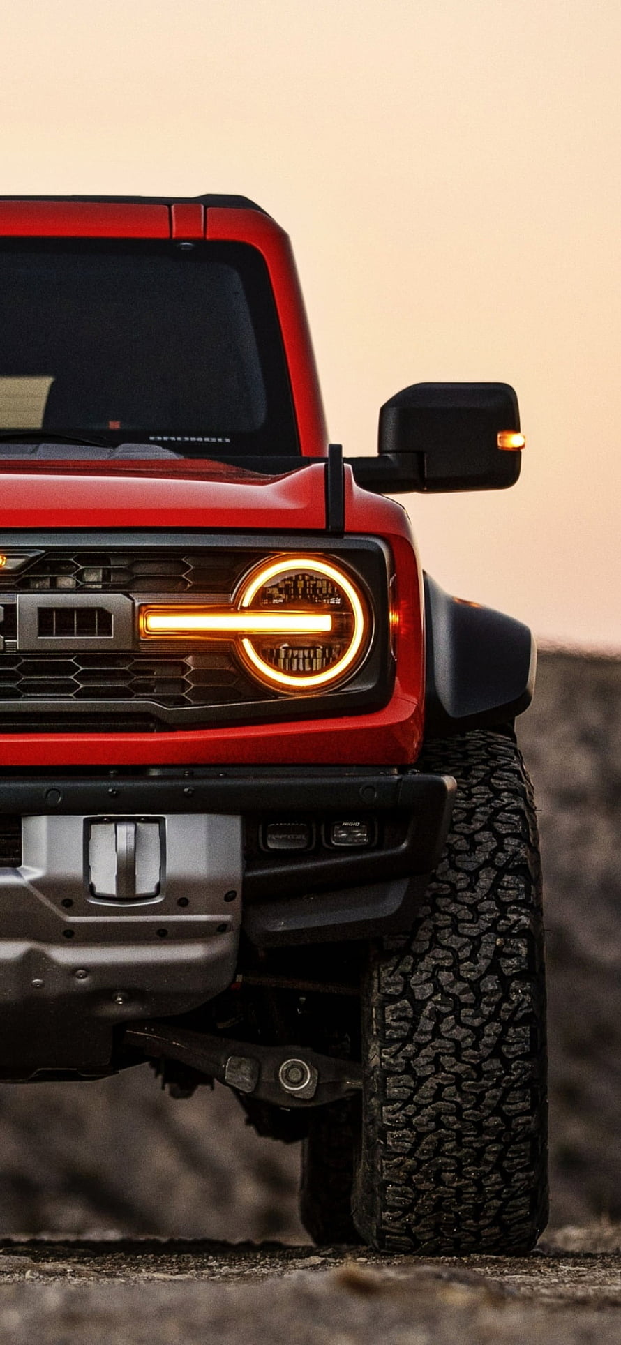 Red Ford Bronco Raptor Front Headlight and Off-Road Tire Detail HD phone wallpaper