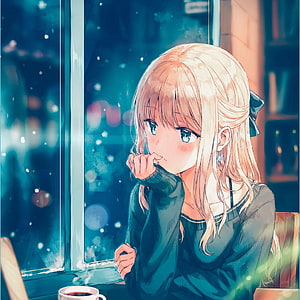 Blonde Anime Girl Gazing Out Snowy Cafe Window With Coffee HD phone wallpaper