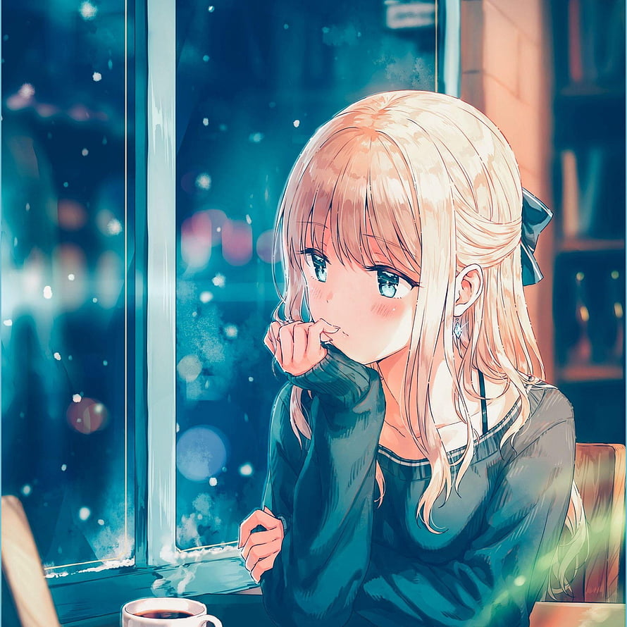 Blonde Anime Girl Gazing Out Snowy Cafe Window With Coffee HD phone wallpaper