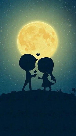 Romantic Silhouette of Boy and Girl Under Giant Full Moon, love, children, girl, man, moon, rose. Couple cartoon, Love , Love cartoon couple HD phone wallpaper