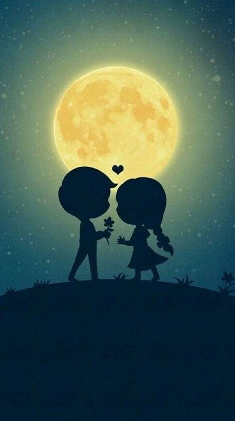Romantic Silhouette of Boy and Girl Under Giant Full Moon, love, children, girl, man, moon, rose. Couple cartoon, Love , Love cartoon couple HD phone wallpaper