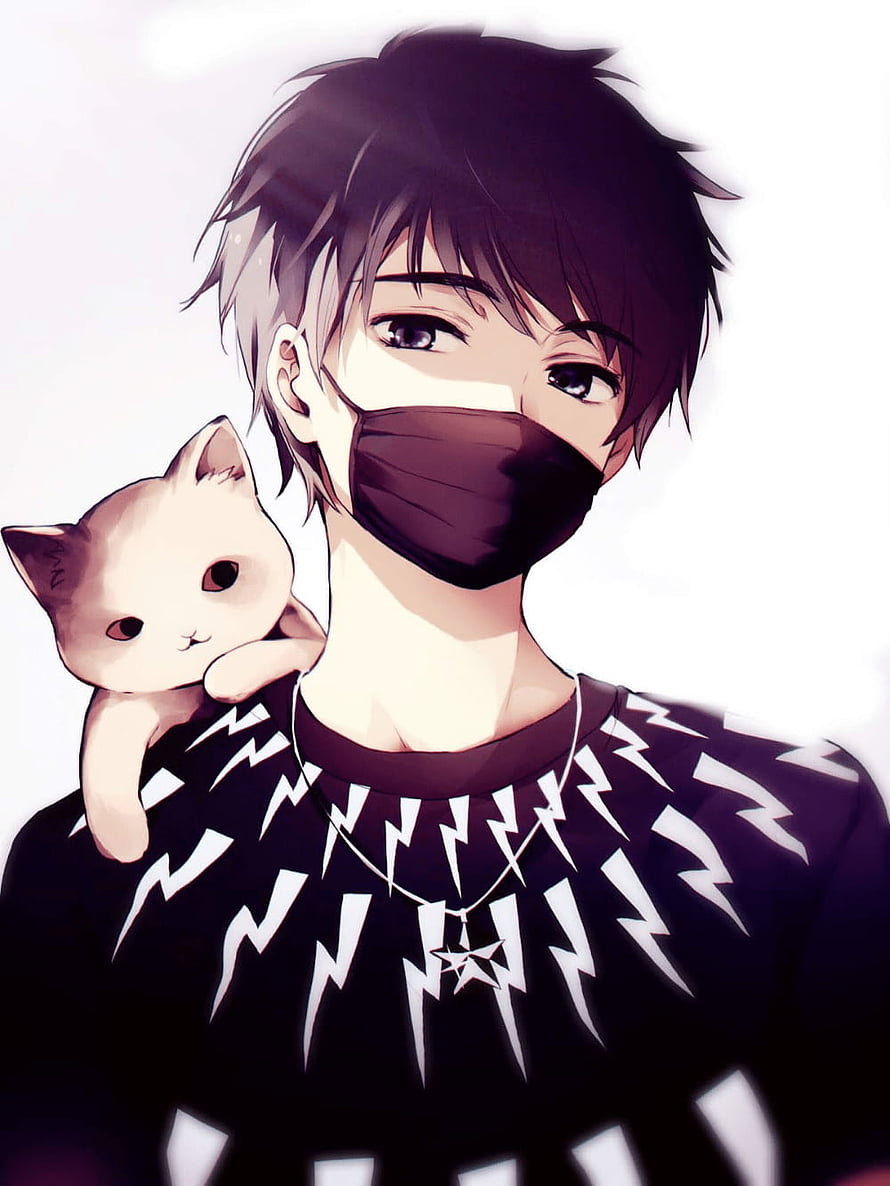 Anime Boy With Cat On Shoulder Wearing Black Mask And Lightning Pattern Shirt HD phone wallpaper