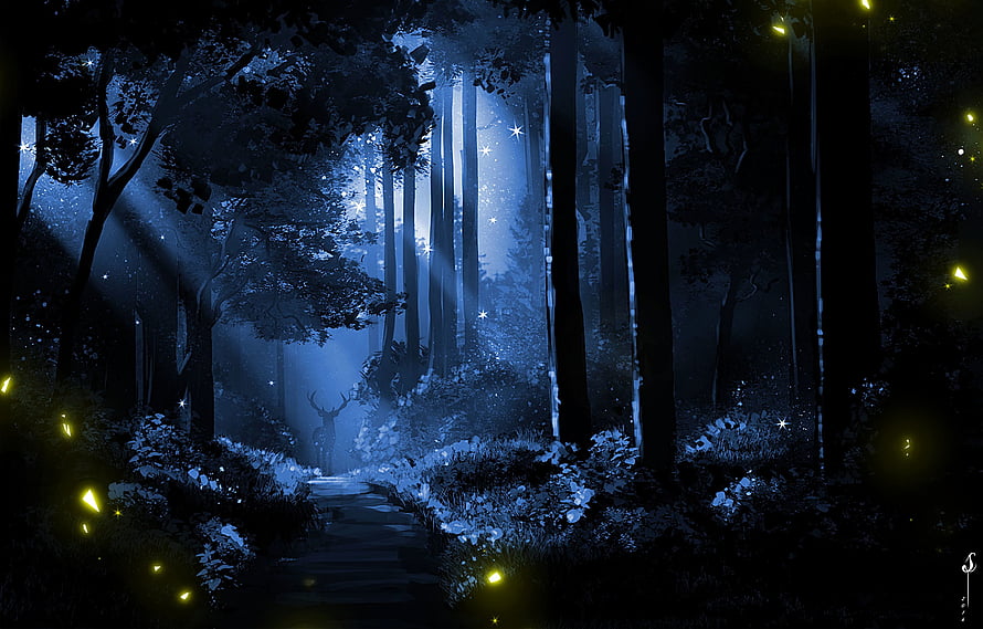 Mystical Night Forest Path with Glowing Fireflies and Deer Silhouette HD wallpaper