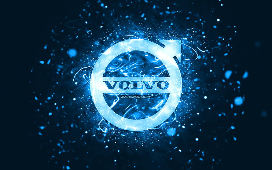 Volvo emblem glowing with electric blue energy and particle effects on a dark abstract background HD wallpaper