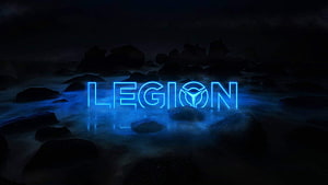 Lenovo Legion Glowing Blue Logo Over Dark Misty Rocks HD wallpaper