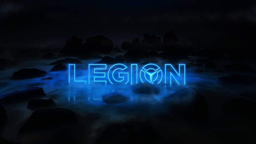 Lenovo Legion Glowing Blue Logo Over Dark Misty Rocks HD wallpaper