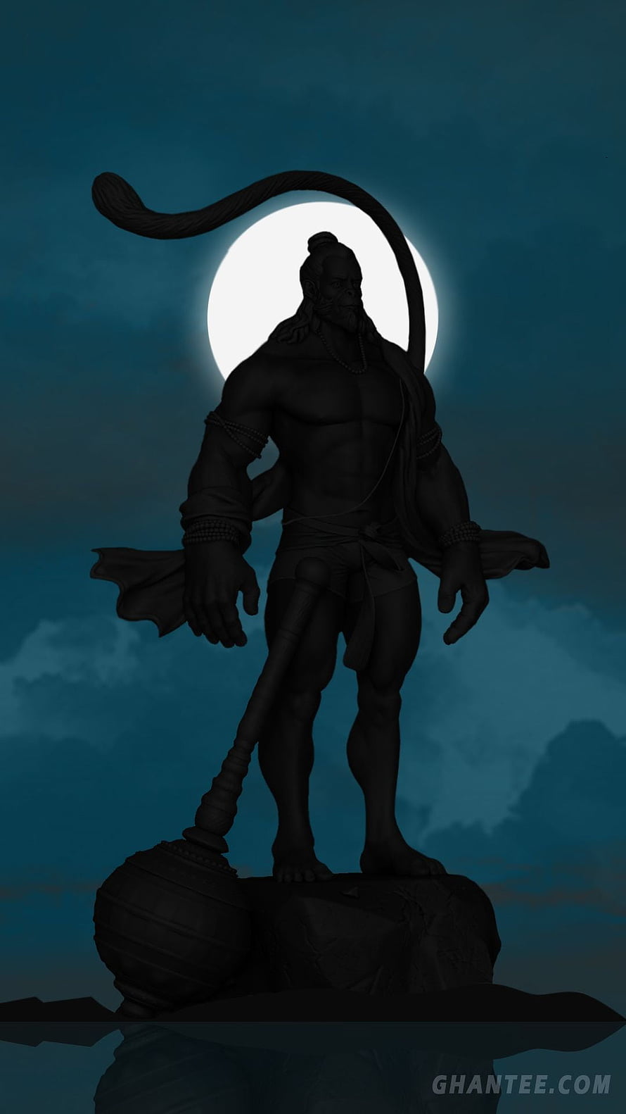 Silhouette of Hanuman Standing on Rock with Gada Against Full Moon, Hanuman, Lord Hanuman 3D HD phone wallpaper