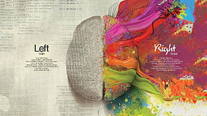 Left Brain Right Brain Concept Artwork with Code and Colorful Paint Splashes HD wallpaper