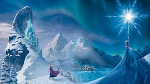 Frozen Elsa and Anna in Snowy Mountains with Ice Castle and Aurora Sky HD wallpaper