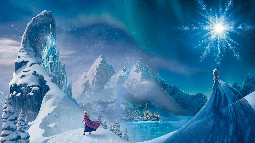 Frozen Elsa and Anna in Snowy Mountains with Ice Castle and Aurora Sky HD wallpaper