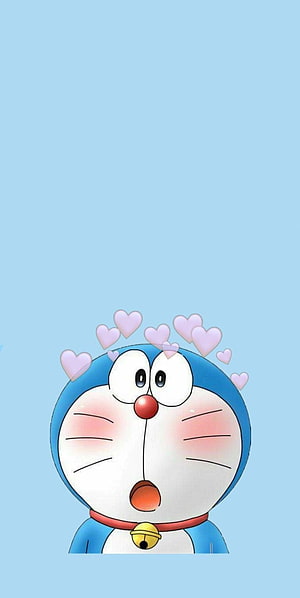 Cute Doraemon Anime Character With Pink Hearts And Blushing Cheeks On Light Blue Background HD phone wallpaper