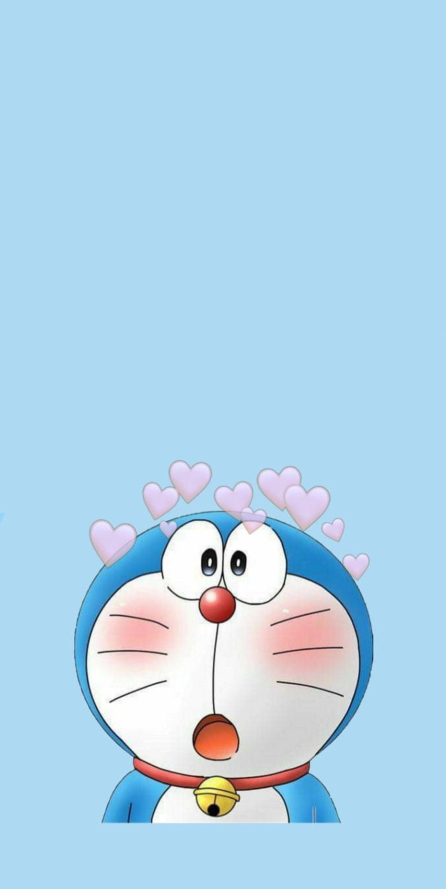 Cute Doraemon Anime Character With Pink Hearts And Blushing Cheeks On Light Blue Background HD phone wallpaper
