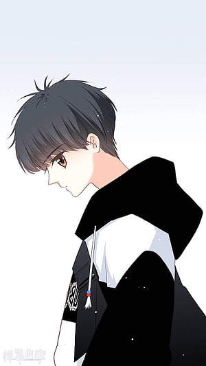 Anime Boy in Black Hoodie Looking Down with Soft Lighting HD phone wallpaper