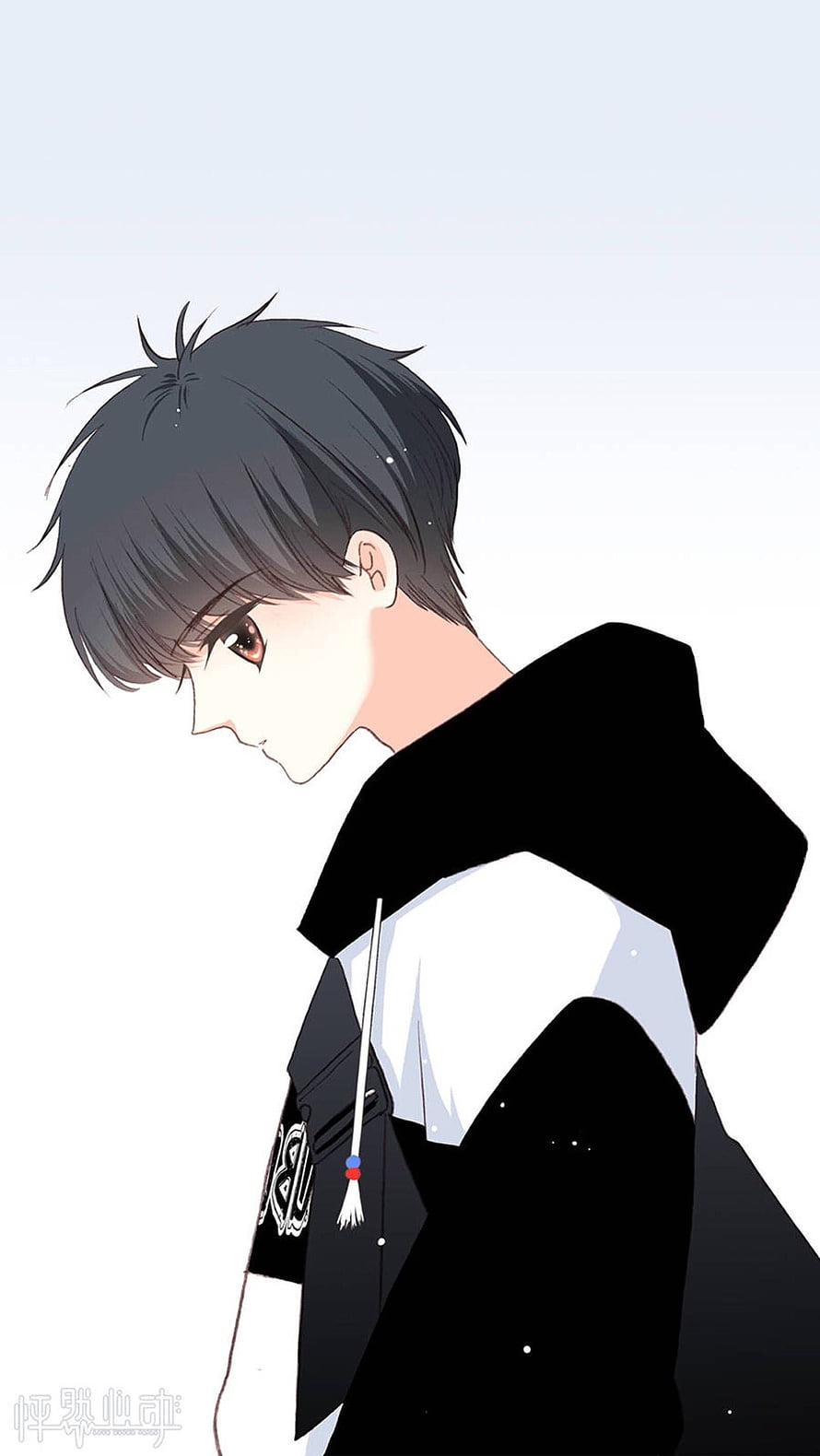 Anime Boy in Black Hoodie Looking Down with Soft Lighting HD phone wallpaper