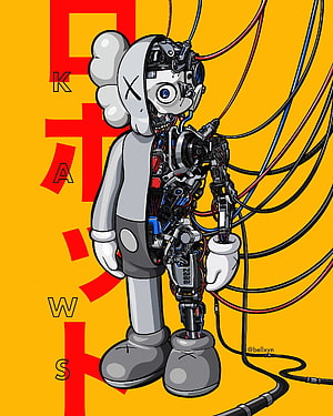 Kaws Companion Robot Cyborg Illustration With Exposed Mechanical Wires And Gears HD phone wallpaper