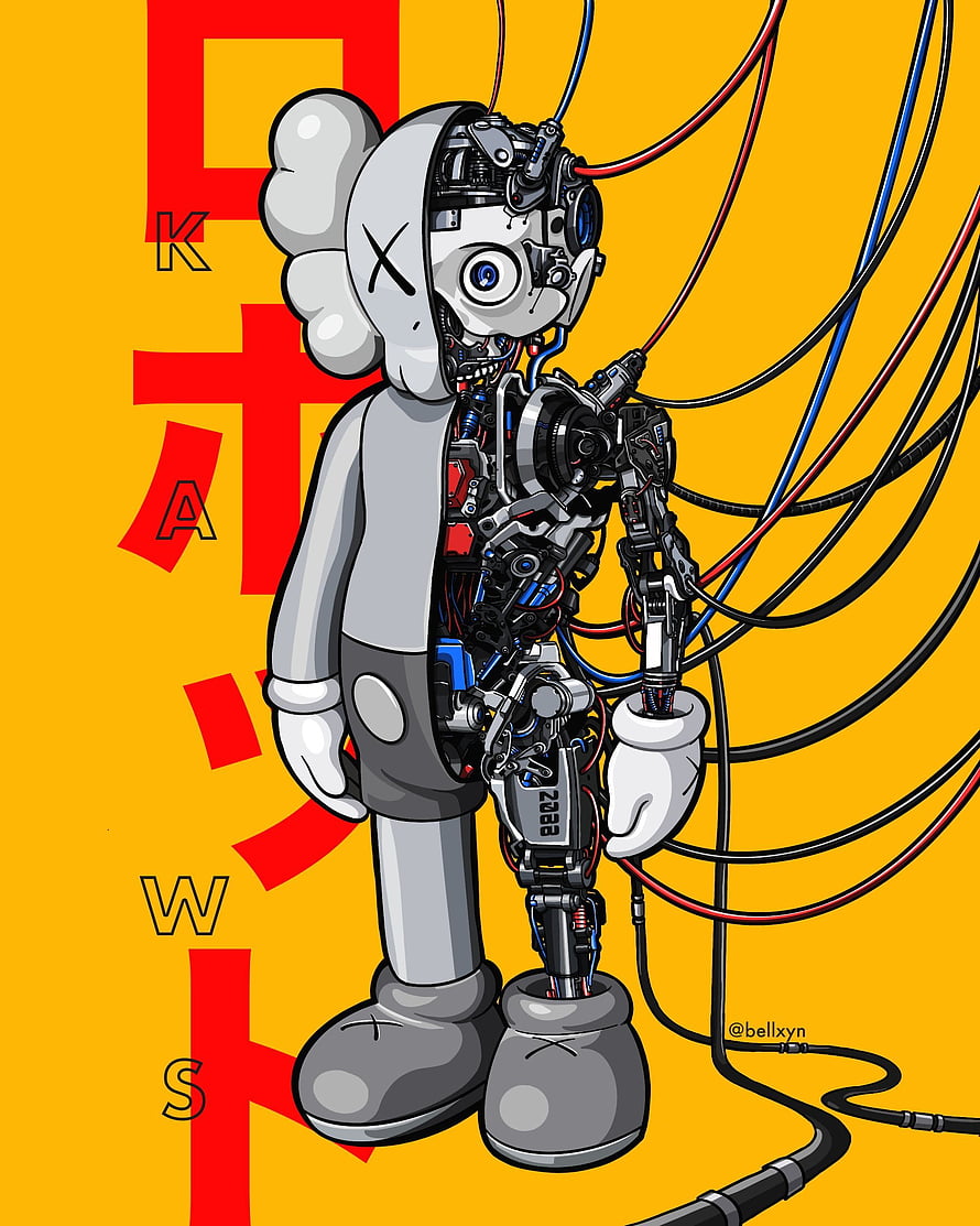 Kaws Companion Robot Cyborg Illustration With Exposed Mechanical Wires And Gears HD phone wallpaper