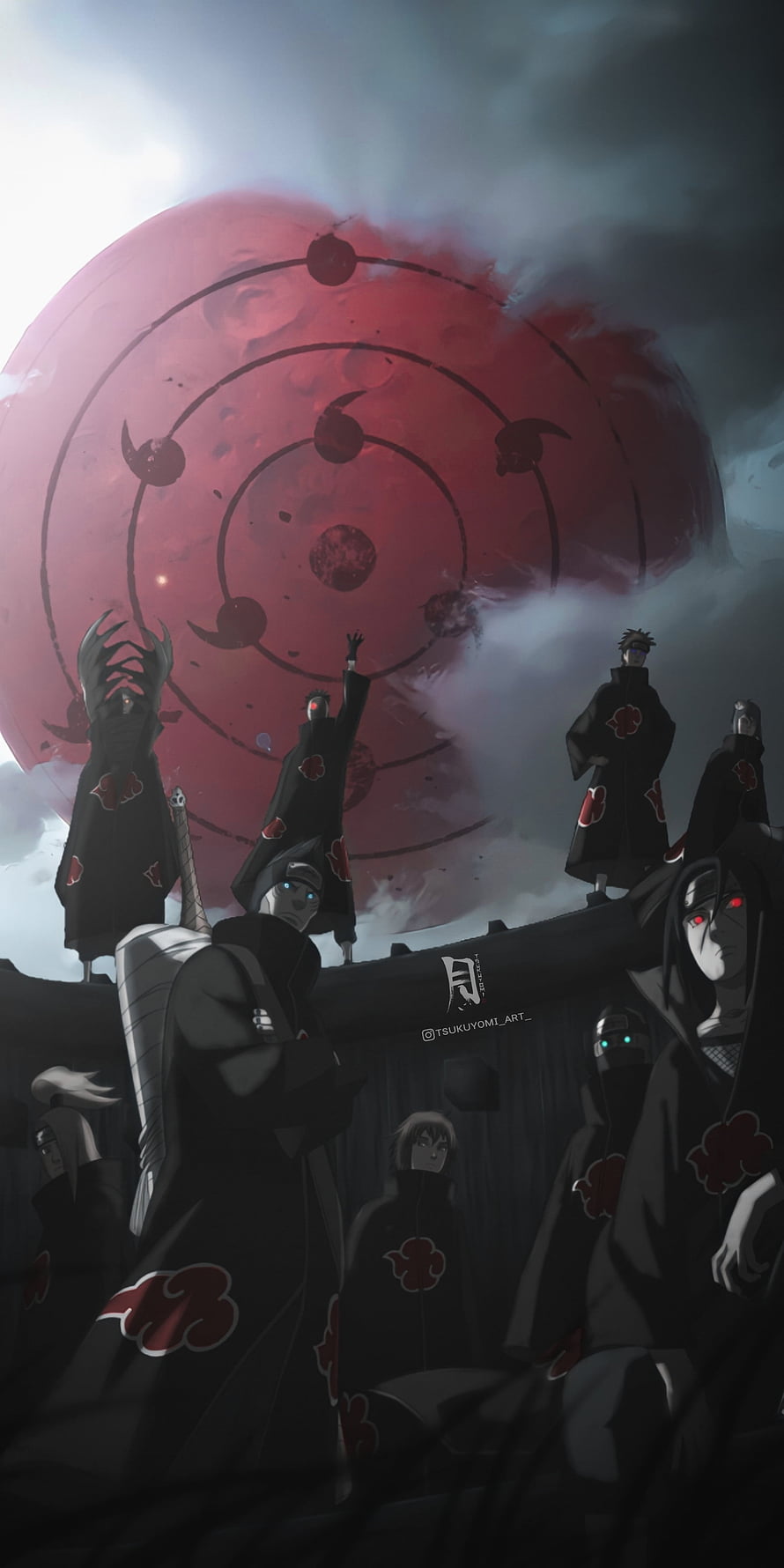 Akatsuki members standing before the Infinite Tsukuyomi moon in Naruto Shippuden anime art HD phone wallpaper