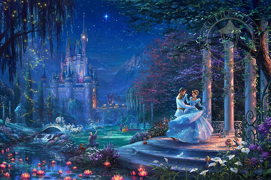 Cinderella and Prince Charming Dancing Under the Stars at the Castle HD wallpaper